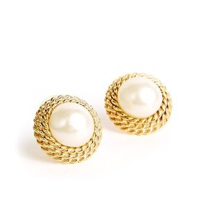Faux Pearl + Gold Braided Stud Earrings